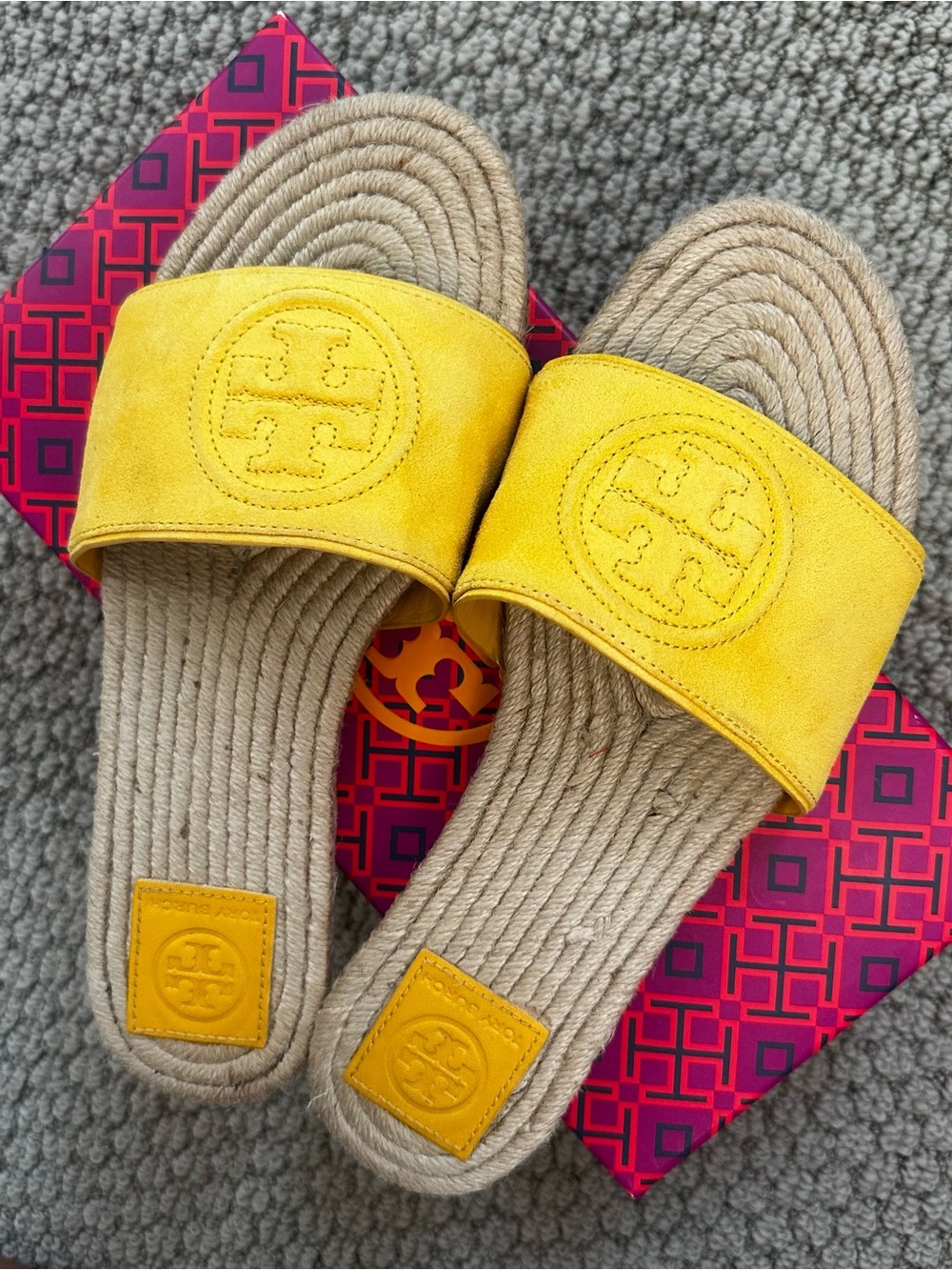 Tory Burch Yellow Suede Benton Espadrille Slide Sandals Size 7.5